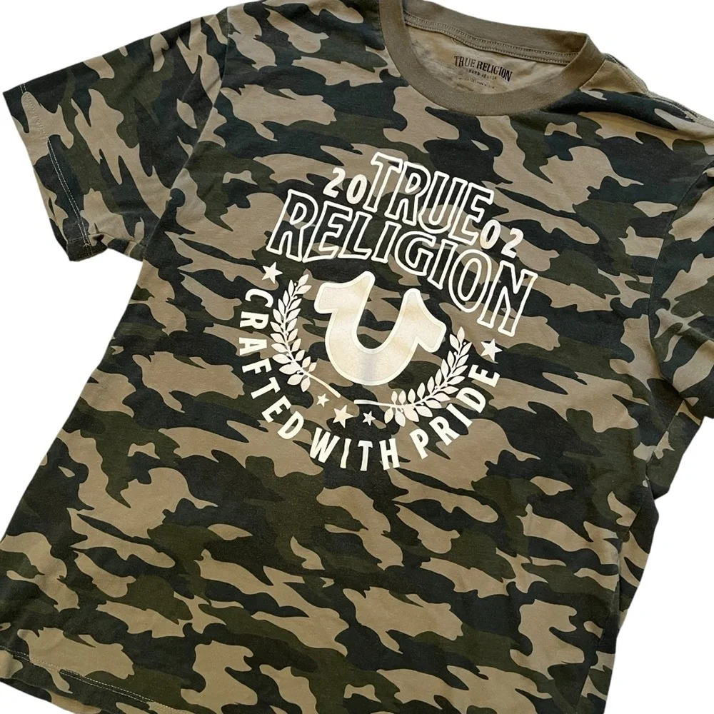 True Religion Mens Graphic Tee Camo Print White Logo Crew Neck, Sz XL